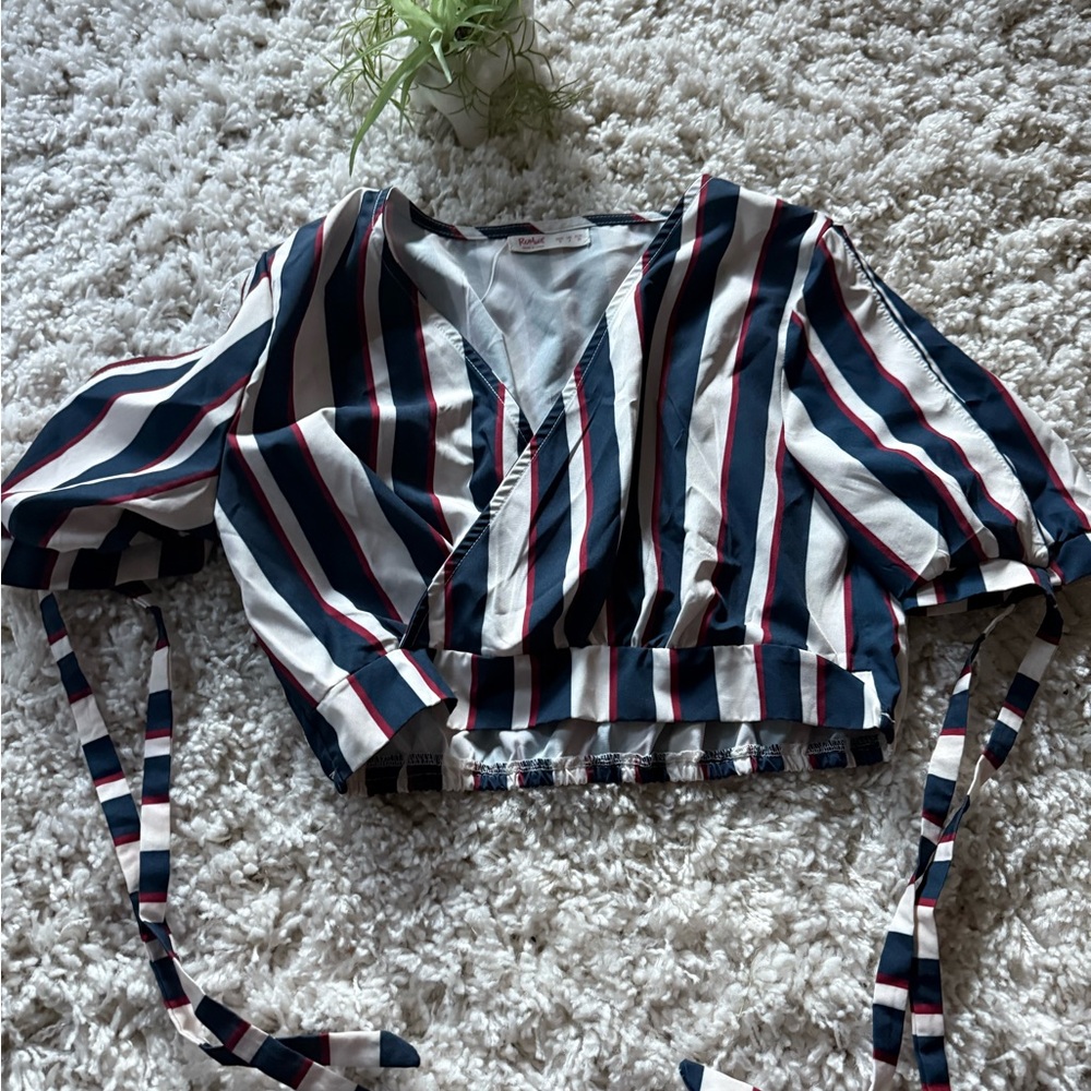 ROMWE Navy and White Striped V-Neck Blouse